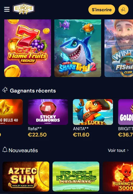 Lobby mobile Europe777 : jeux populaires