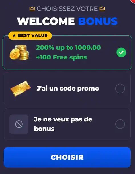 Sélection du bonus de bienvenue